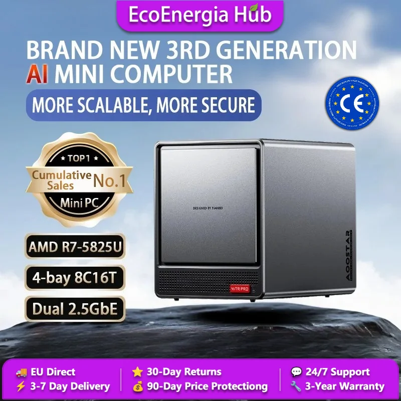 AOOSTAR WTR PRO Mini-ordinateur NAS 4 baies AMD Ryzen7 5825U 8C/16T 4.5GHz 2x 2.5G LAN 2x M.2 NVMe Serveur de laboratoire domestique triple écran 4K