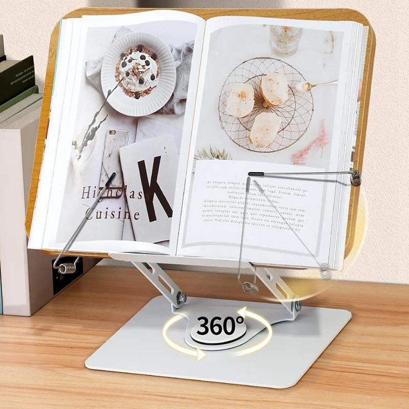 1 Piece Book Stand For Reading-Adjustable Book Holder Silver & Wood Color Aluminum Alloy + Bamboo Wood For Book,Recipe,Laptop