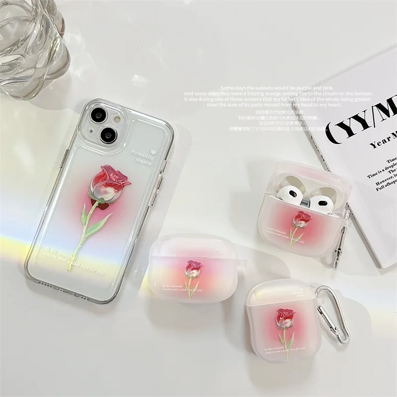 Ins Girls Pink Rose TPU Cover For Apple Airpods1 2 Pro Earphone Soft Clear Protector Case For Airpods 3 Bluetooth Headphone Case