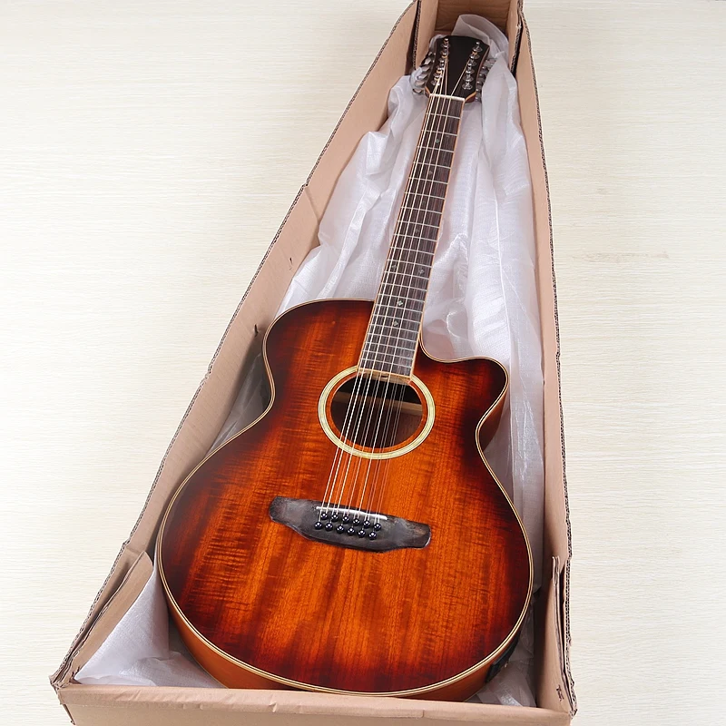 12弦エレクトリックアコースティックギター フレイムオークトップ 40インチ カッタウェイデザイン EQ付き フォークギター 欠陥あり ブラウン&サンバースト&レッド