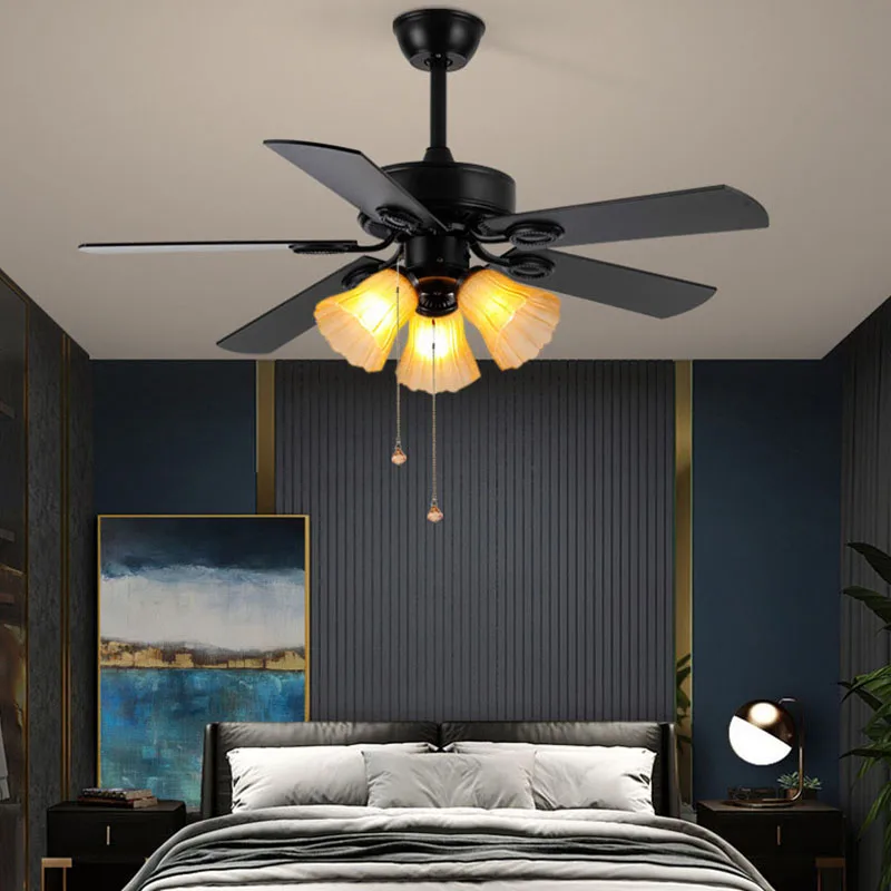 Imagem -04 - Black Retro Wooden Blades Teto Fan Light American Estilo Iron Silent Simple Fan Lamp Led Chandelier For Dining Room And Bedroom