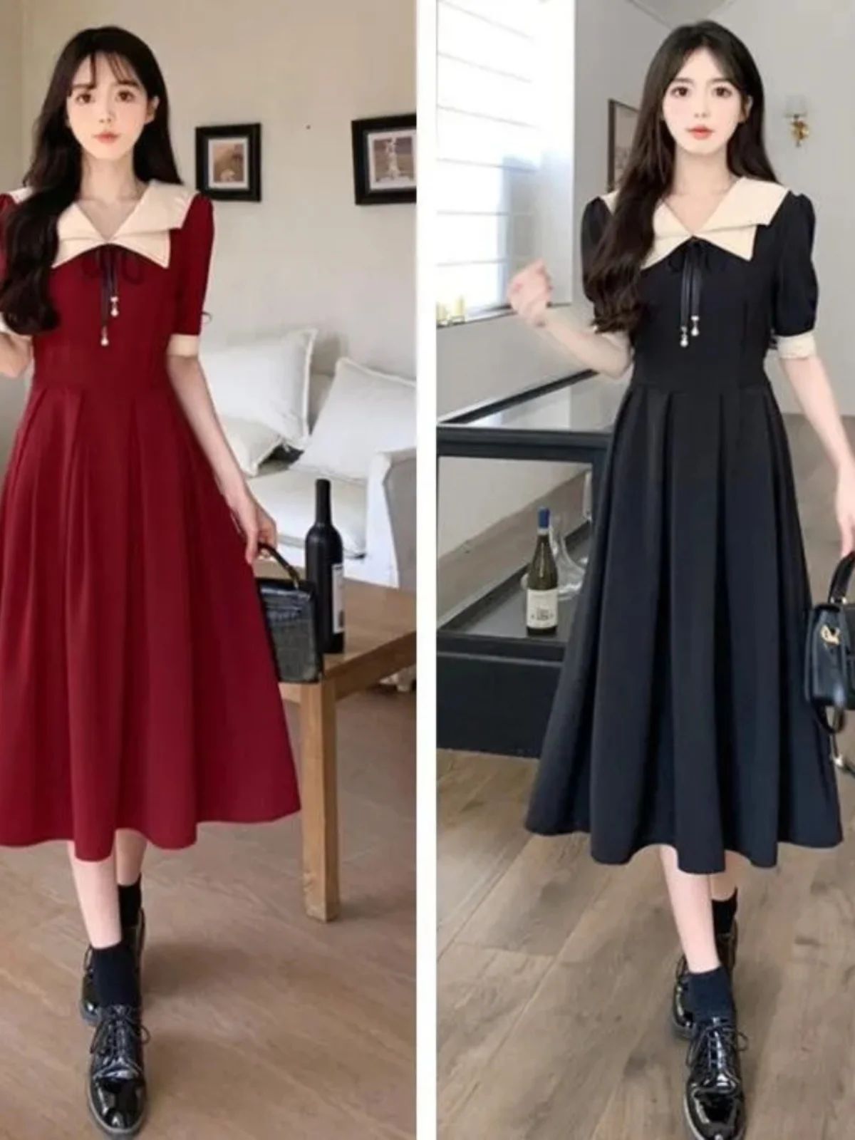 

Spring Summer New Navy Collar College Style Midi Dress plus Size Women Students Anti-Aging Dress Korean Loose High Waist Poly...