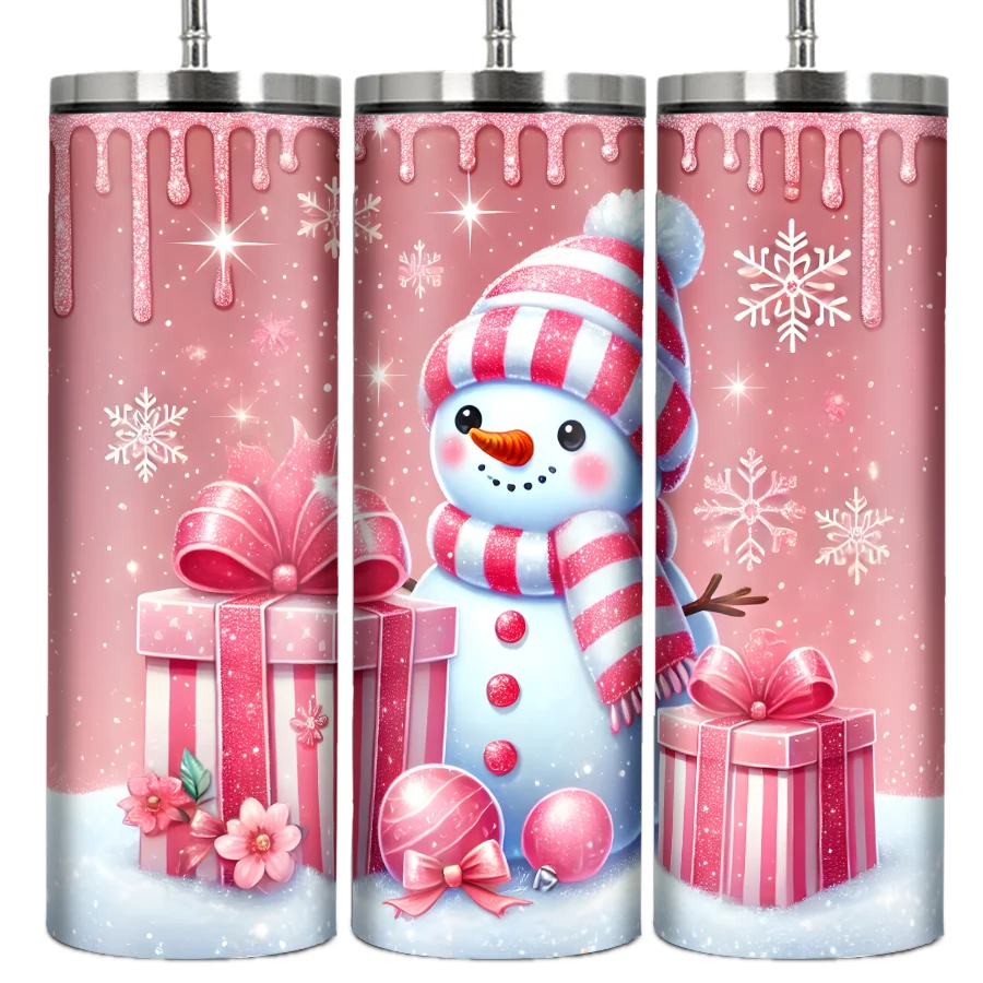 1Pc Party Water Bottle Straw Lid 20oz Stainless Straight Coffee Mugs 3D Print Christmas Snowman Water Mugs Festive Gifts For Her