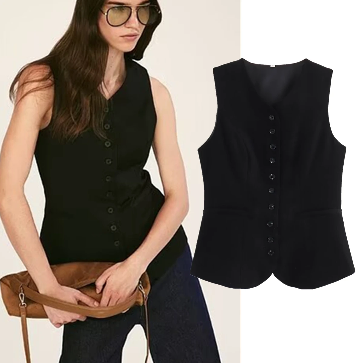 

Maxdutti Fashion Vintage Suits Single Breasted Vest Women Tops Minimalist British Women's Sleeves Jacket