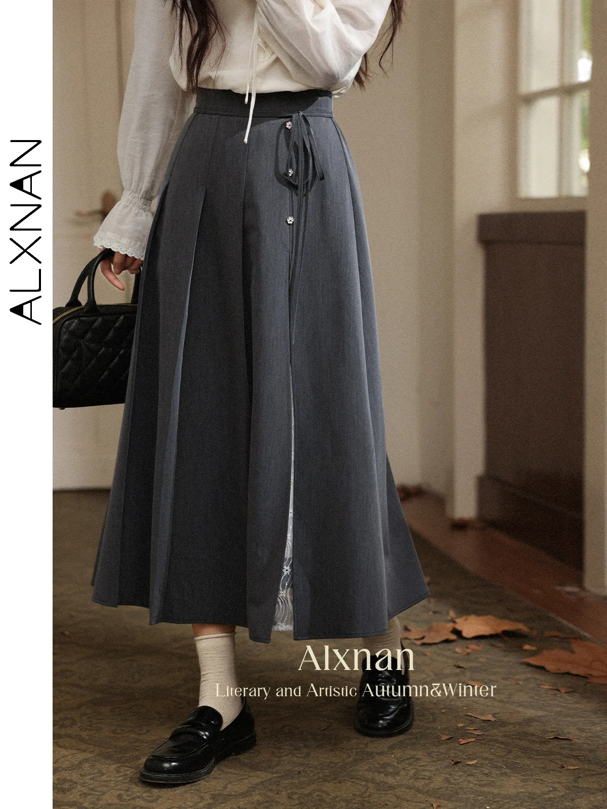 

ALXNAN Women's Skirt Grey Lace Stitching Flower Button Design Pleated Skirt Autumn Elegant Long A-line Female Clothing L56723