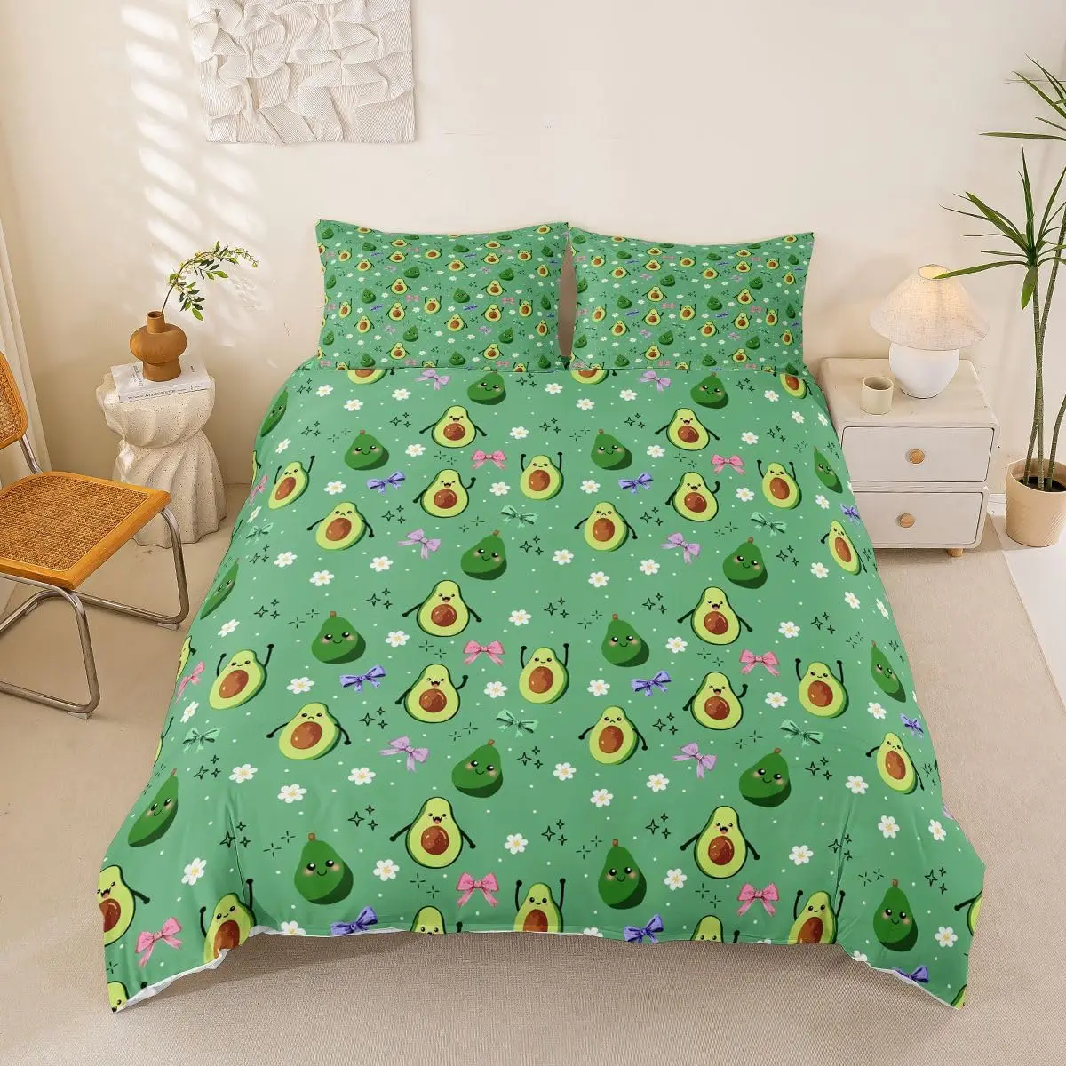 Cartoon Avocado Duvet Cover Full Queen,Green Avocado Kawaii Bedding Set for Boy Girls Room Decor, Cartoon Fruits Comforter Cover