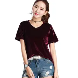 Women Velvet Blouses short Sleeve V-neck Blusas 2024 Summer Sexy Velour Shirts Blusas Top velour Blouse blusas mujer de moda