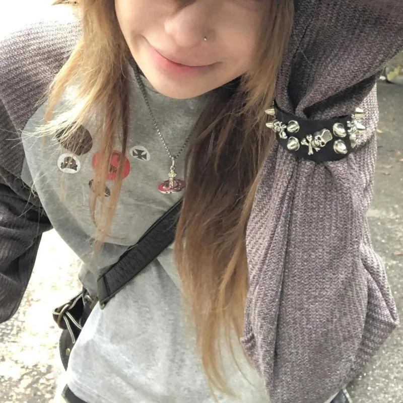 

Kimotimo Harajuku Skull Print Patchwork Long Sleeve T-shirt Women 2025 New Round Neck Slim Versatile Tops Vintage Chic Y2k Tees