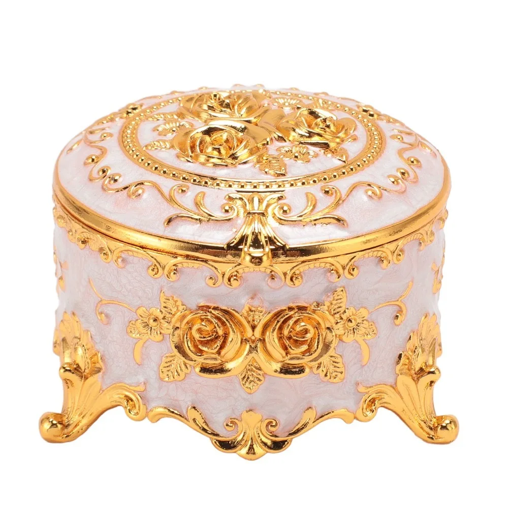 Jewelry Boxes Flower Vintage Jewelry Box Gold Zinc Alloy Metal Trinket Box Round Round Jewelry Box For Ring Earring Necklace