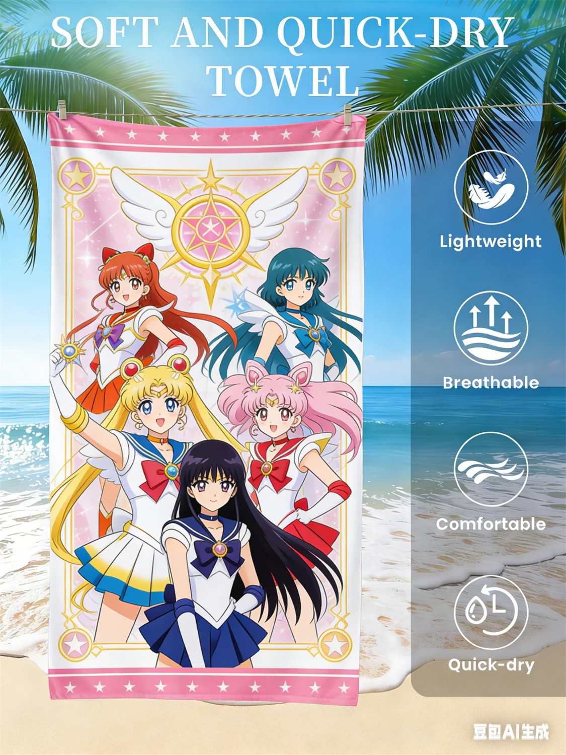 Sailor Moon Strandtuch, schnell trocknendes Handtuch mit Anime-Fan-Favoriten-Charakter-Print für Strand, Pool, Urlaub, Enthusiasten von Magical Girl