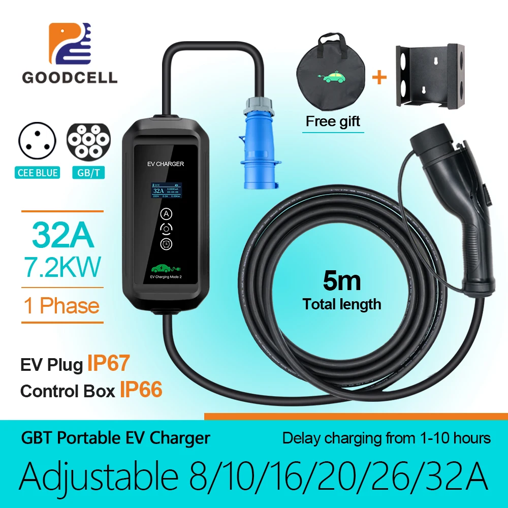 GOODCELL Electric Vehicle Car Charger EVSE Wallbox 32A 7.2KW Power Plug 5m Charging Box Plug 1Phase EV Portable Charger GBT