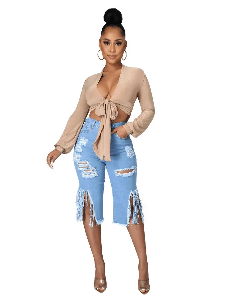 

Женские джинсовые бриджи с высокой талией, рваные, с бахромой, повседневные, прямого кроя, летние, модные, элегантные, для женщин, коллекция 2025