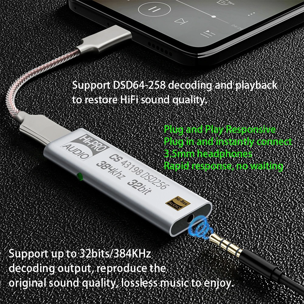 

New DAC CS43198 Dongle 384KHz DSD64-258 Amp Decoding HiFi DAC Type-c to 3.5MM HiFi Audio Amplifier Adapter for Android ios