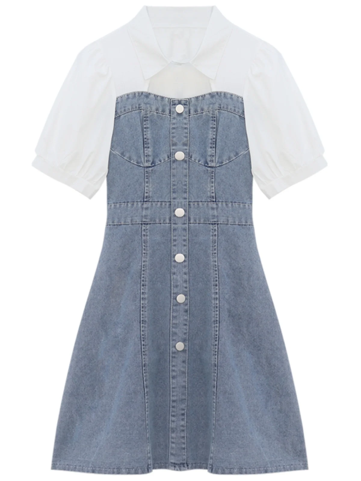 Vestido vaquero falso de dos piezas para mujer, novedad de verano, Vestido corto con cuello vuelto hueco, vestido acampanado de manga corta abombada con una botonadura