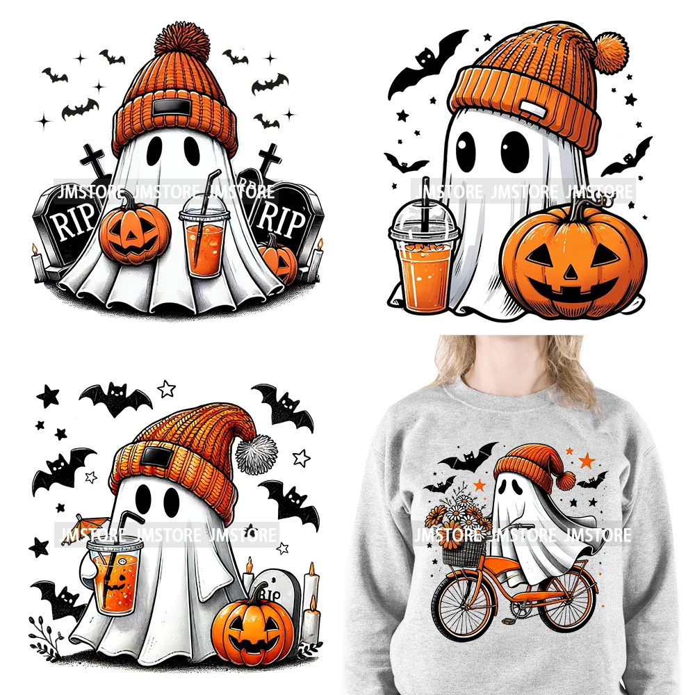 Pegatinas de transferencia de hierro para ropa, diseños de Halloween, escalofriante, lindo Bougie Ride Floral, fantasma, calabaza, café, DTF, listo para presionar