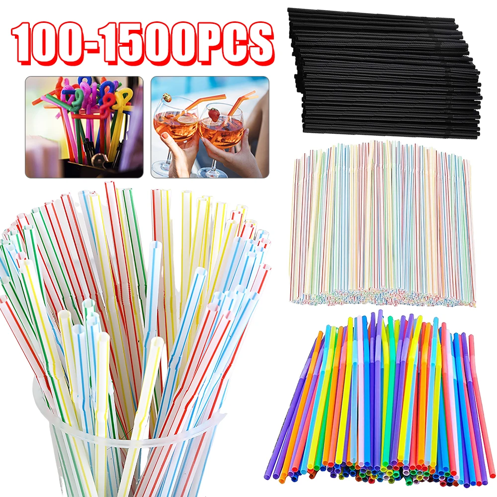 100-1500PCS Drinking Straws Flexible Plastic Straws Black Colorful Plastique Straws Kitchen Home Wedding Party Supplies Straw