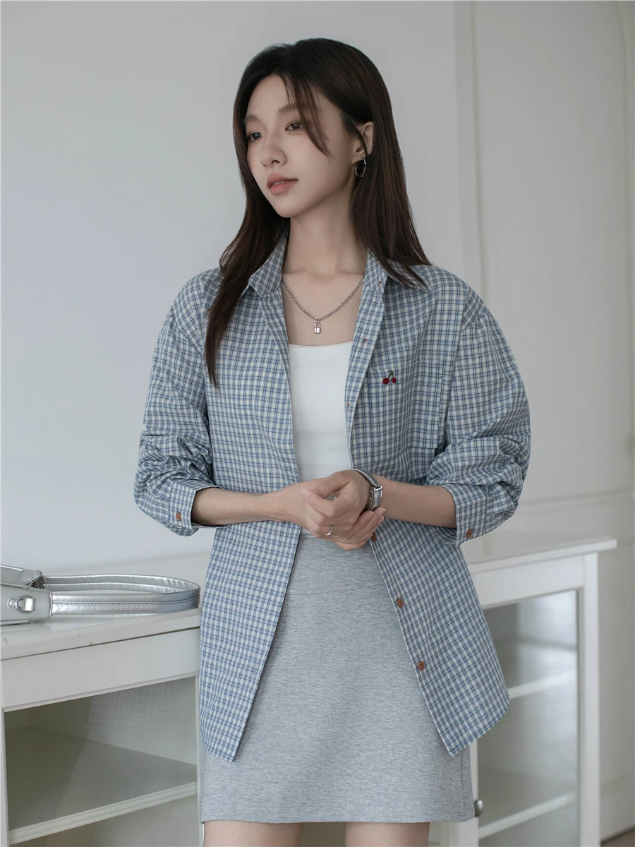 

Blue Plaid Long Sleeve Shirt Women's Thin Spring Summer Loose Casual Style Miu Series Shirt Layering Breathable Cotton Top