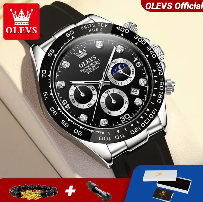 

OLEVS 2875, мужские часы, роскошные кварцевые мужские наручные часы с ромбовидной шкалой и фазой Луны, водонепроницаемый силиконовый ремешок