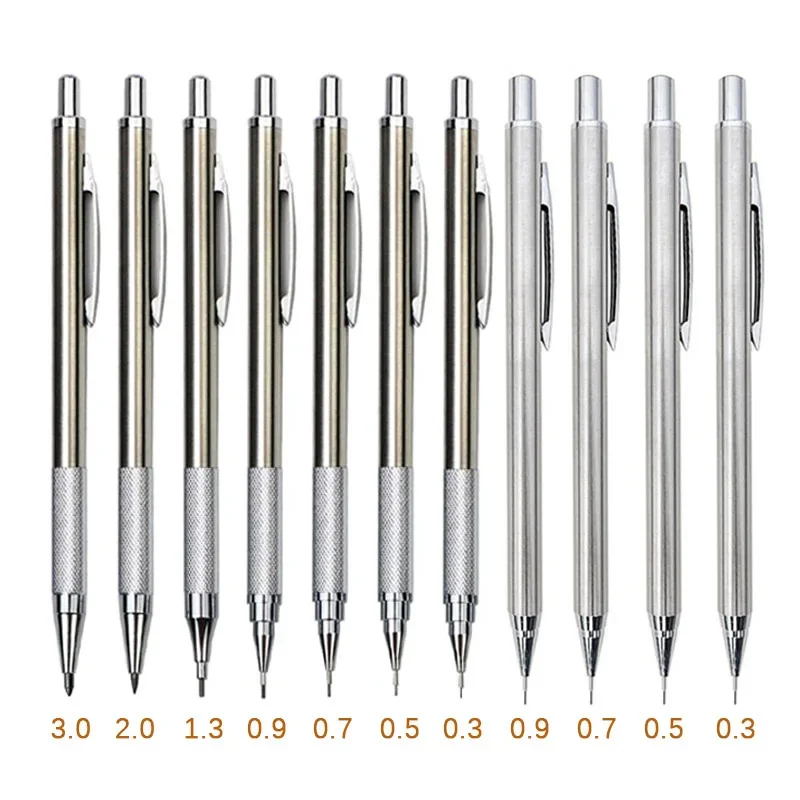 2pcs/lot 0.5 0.7 0.9 2.0mm Drawing Pencil Set 2B Art Sketch Writing Metal Mechanical Pencil Stainless Steel and Copper Material