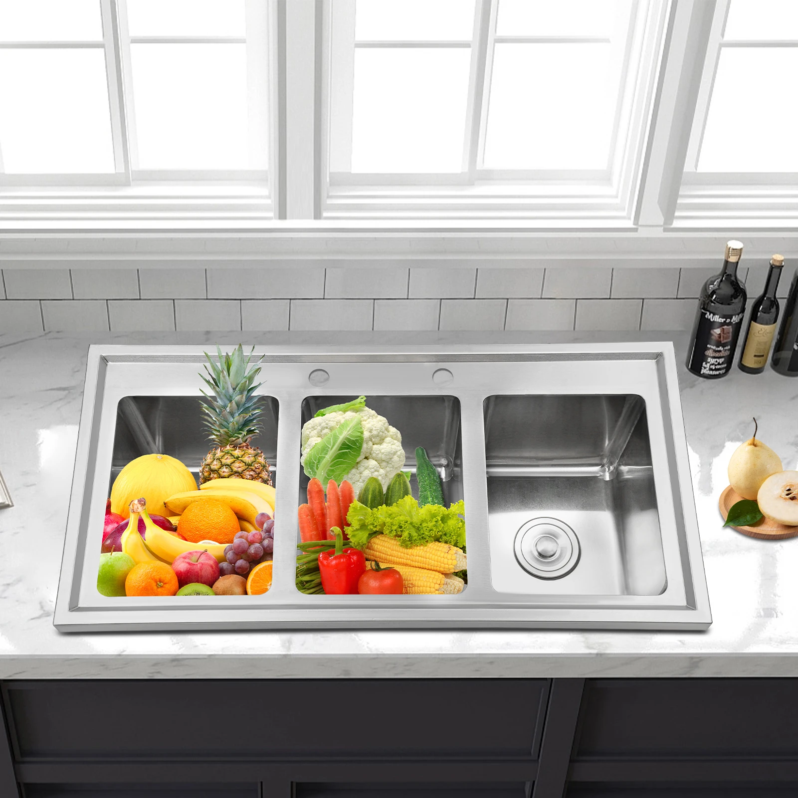 حوض مطبخ تجاري فضي مكون من 3 حجرات، حوض ثلاثي من الفولاذ المقاوم للصدأ 201، حوض إعداد بار 94 × 47 × 25.4 سم مع 3 أنابيب تصريف #5