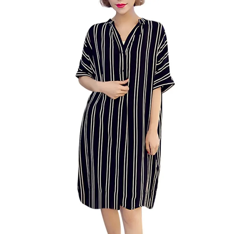 Womens Summer Striped Short Sleeve T-Shirt Dresses Lady Casual V Neck Loose Dresses