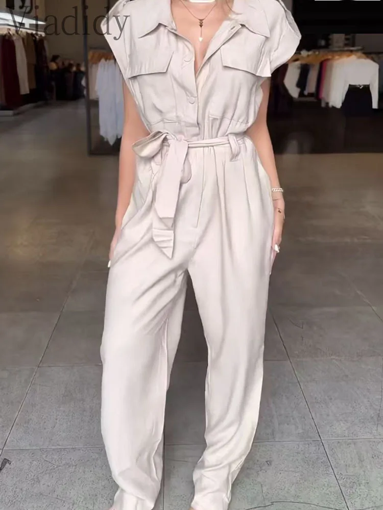 

Women's Sexy Solid Color Turn-down Collar Short Sleeve Pockets Decor Belted Straight Leg Jumpsuits Rompers