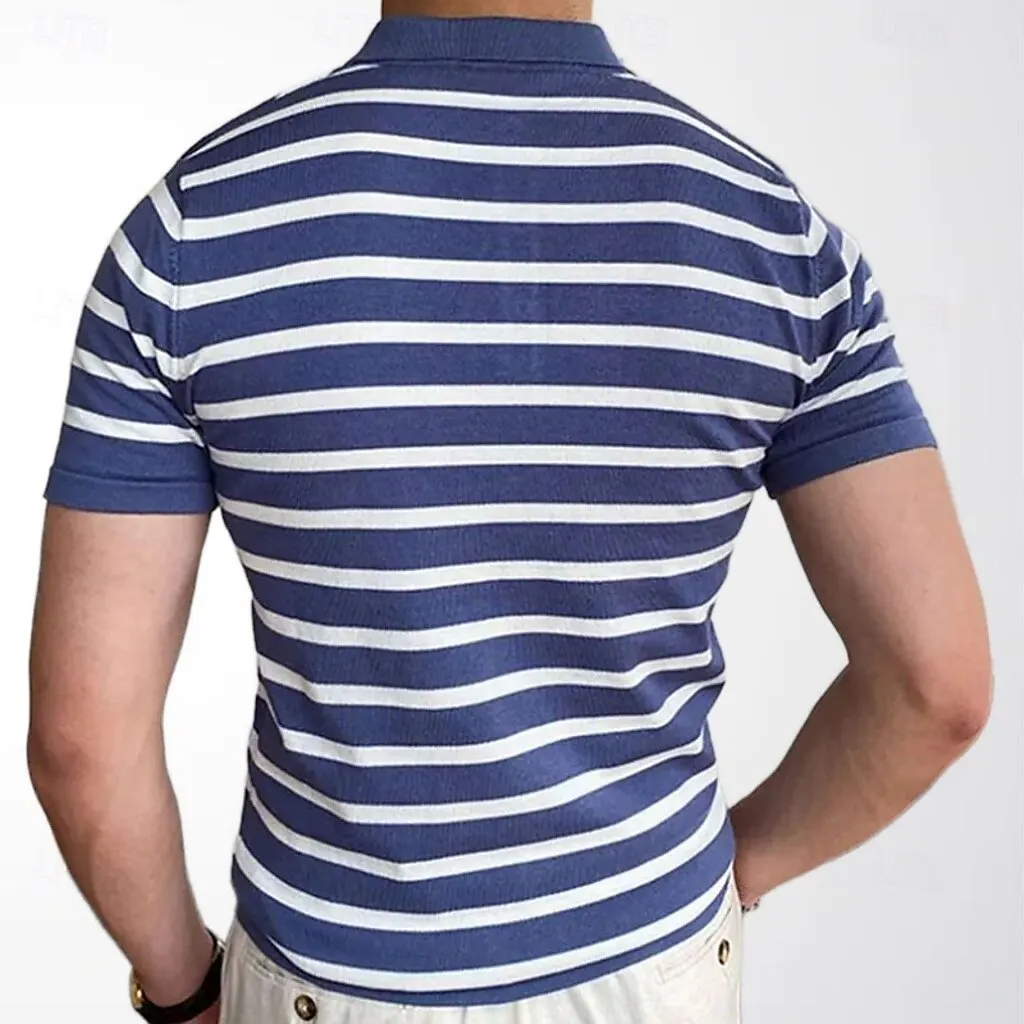 Men's Casual Street Style Lapel Polo Shirts Modern Horizontal Stripes Button Design Regular Fit Blue Tops for Spring & Summer