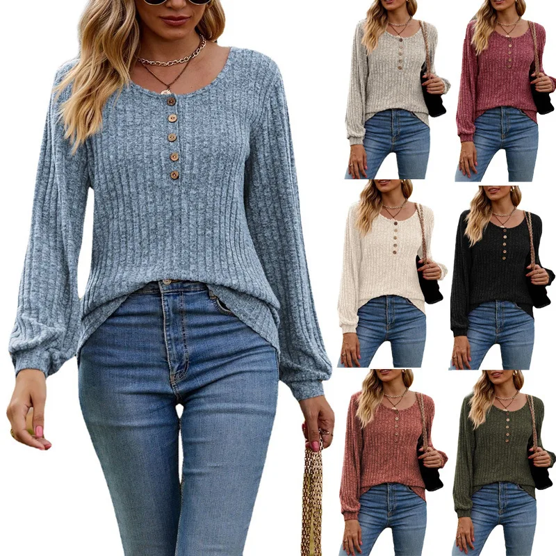 cross-border new women's clothing Amazon women's round neck pit strip polished solid color button splicing long-sleeved T-shirt