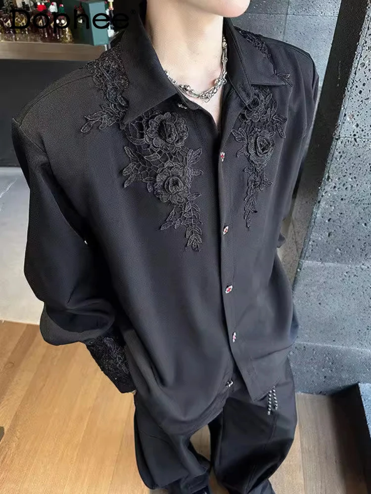 

Light Luxury Three-dimensional Lace Rose Gem Buckle Design Long-sleeve Shirts Men's 2025 Spring New Trendy Handsome Loose Shirt