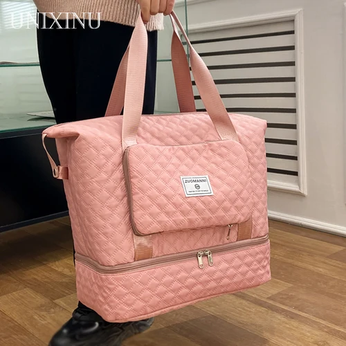 Bolsa de viaje de gran capacidad para mujer, bolsa ligera con patrón de rombos, bolsa de noche para fin de semana, bolsa de almacenamiento de gimnasio gruesa