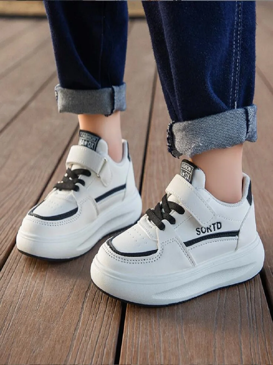 2024 Autumn New Leather Splice Children's Casual Shoes Boys' Fashion Board Shoes Girls' Little White Shoes Black Khaki Pink