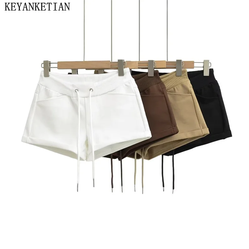 KEYANKETIAN 2024 Summer New Launch Women's Drawstring Shorts American Retro Pockets Elastic Waist Solid color Skinny Hot Shorts