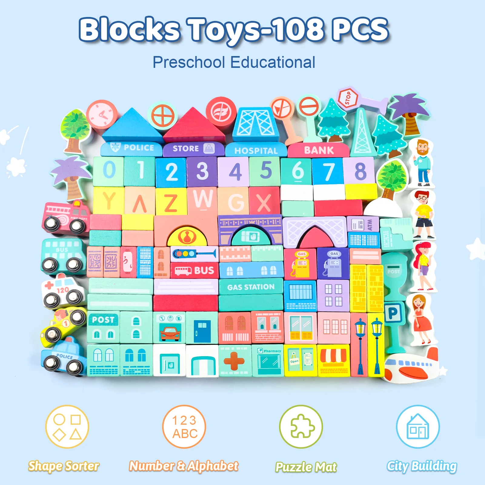 Educational Toys - 木製の街並み組み立てブロックセット。数字、文字、交通機関のフィギュアが付属した、幼児向けのモンテッソーリ教育玩具。誕生日プレゼントに最適。