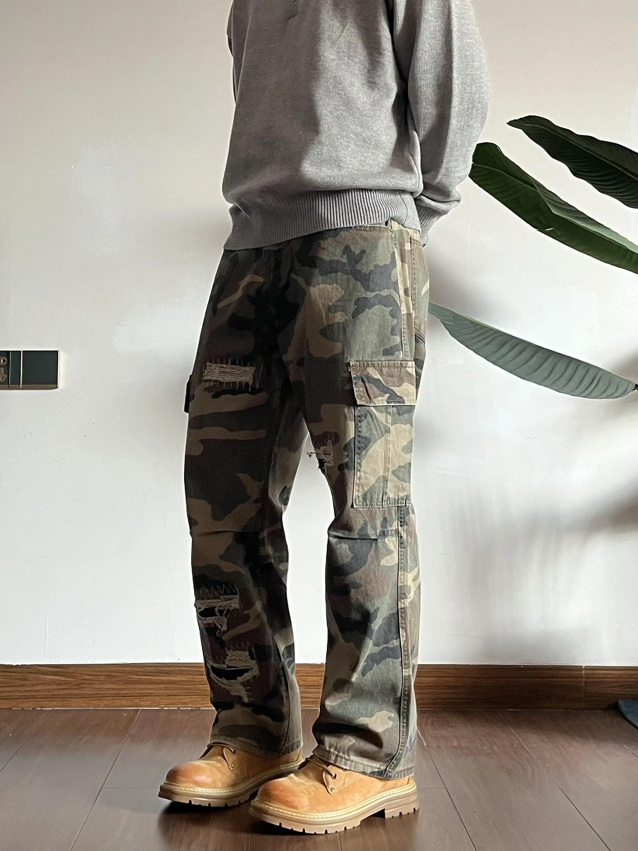 

Американские ретро-брюки с камуфляжными нашивками, винтажные рваные джинсовые брюки для мужчин, повседневные прямые свободные брюки