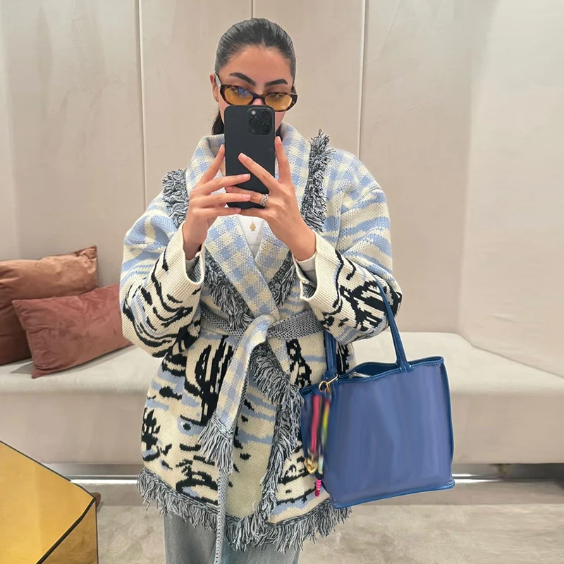 Jacquard Fringe Belted Wrap Knit Cardigan Lapel All Over Pattern Raw Fringe 2026 Autumn Winter Commute Lady Women Casual Coat 12 S05f85f97ca9e44f9882d9f6e68a7418cJ