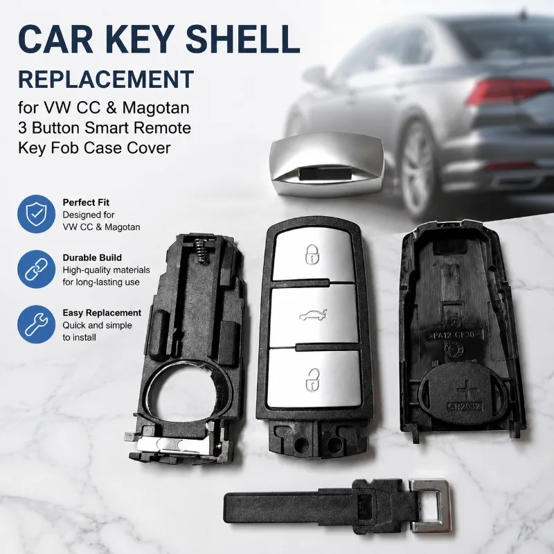 3 Button Smart Remote Key Fob Shell Replacement Case Cover, Uncut Blade Housing Protective Shell Compatible with VW CC Magotan