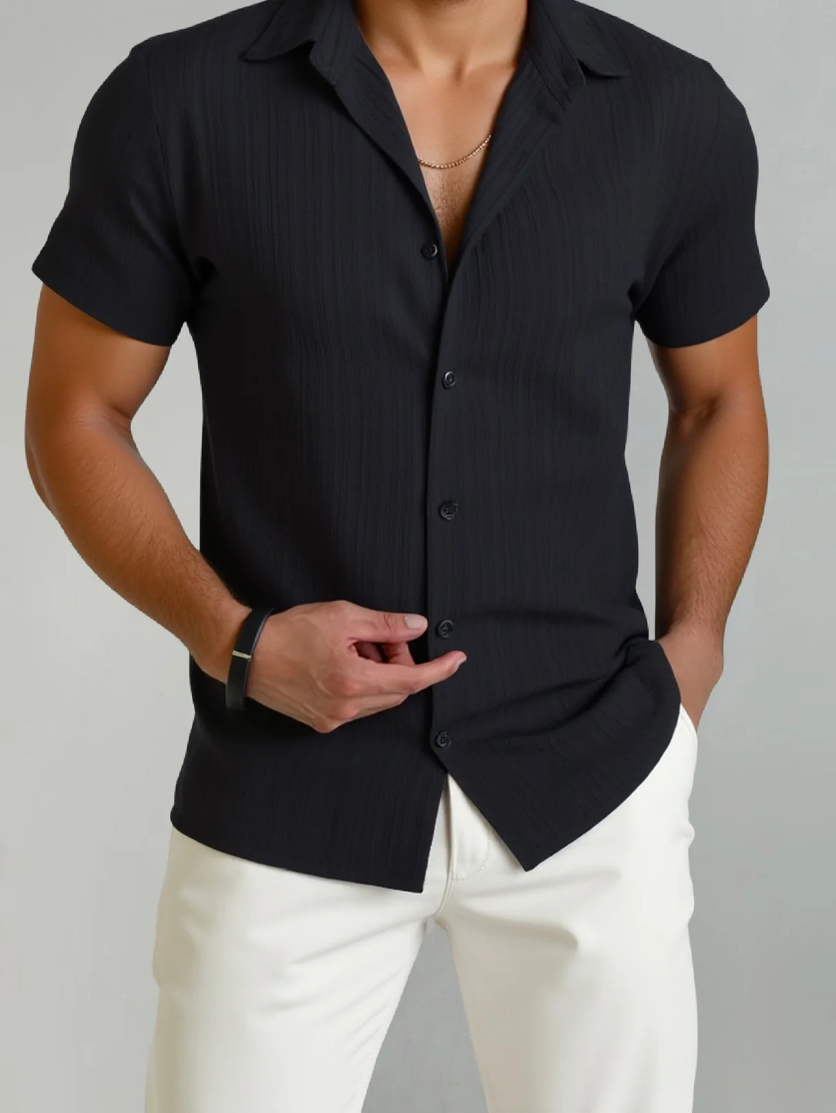 

2025 Summer New Men's Short - Sleeve Shirt, GrayTextured Cuban Collar Casual Shirt