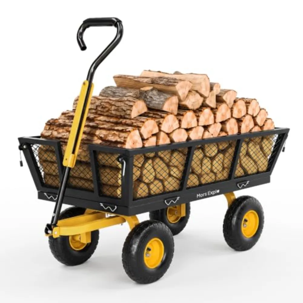 900 Lbs Heavy Duty Steel Garden Cart, Outdoor Metal Garden Wagon On Wheels, Utility Yard Cart with Mesh Removable