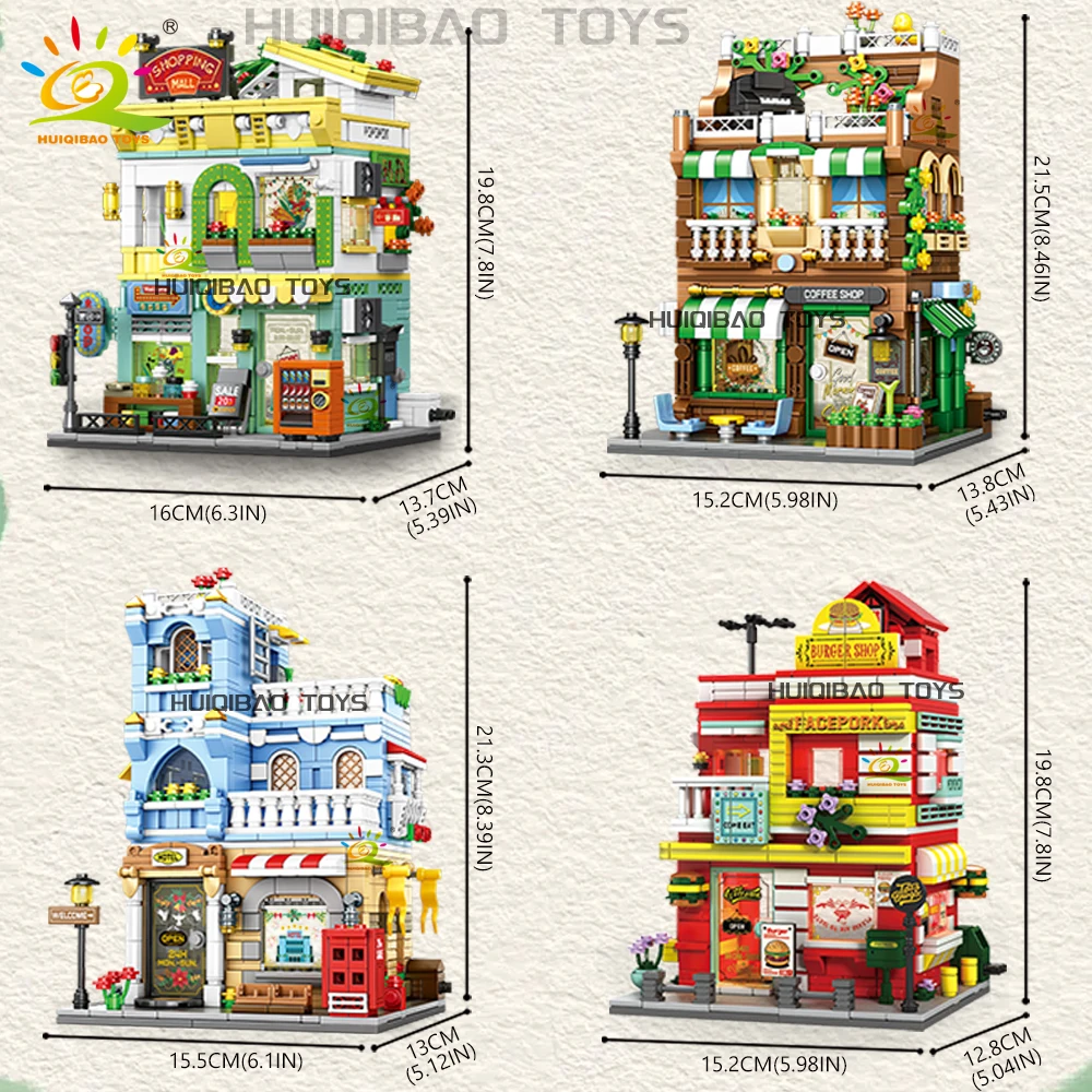 HUIQIBAO City Street View Supermarket Coffee Burger Shop Hotel Model Building Blocks DIY Architecture Bricks Toys Adult Gift