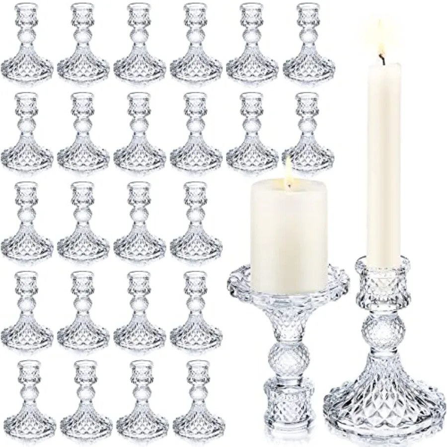 

24 Pcs Taper Candle Holders 4'' Tall Glass Candlestick Holders Bulk Crystal Decorative Stand Wedding Stick Holder for Anniversa