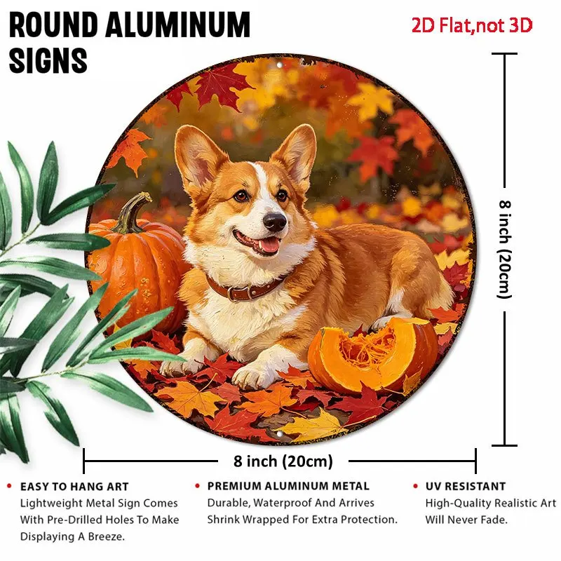 2D Flat Funny Metal Decor Sign, Smiling Corgi On Autumn Leaves In Circle, Home Decor, Garden Decor, 2D Flat