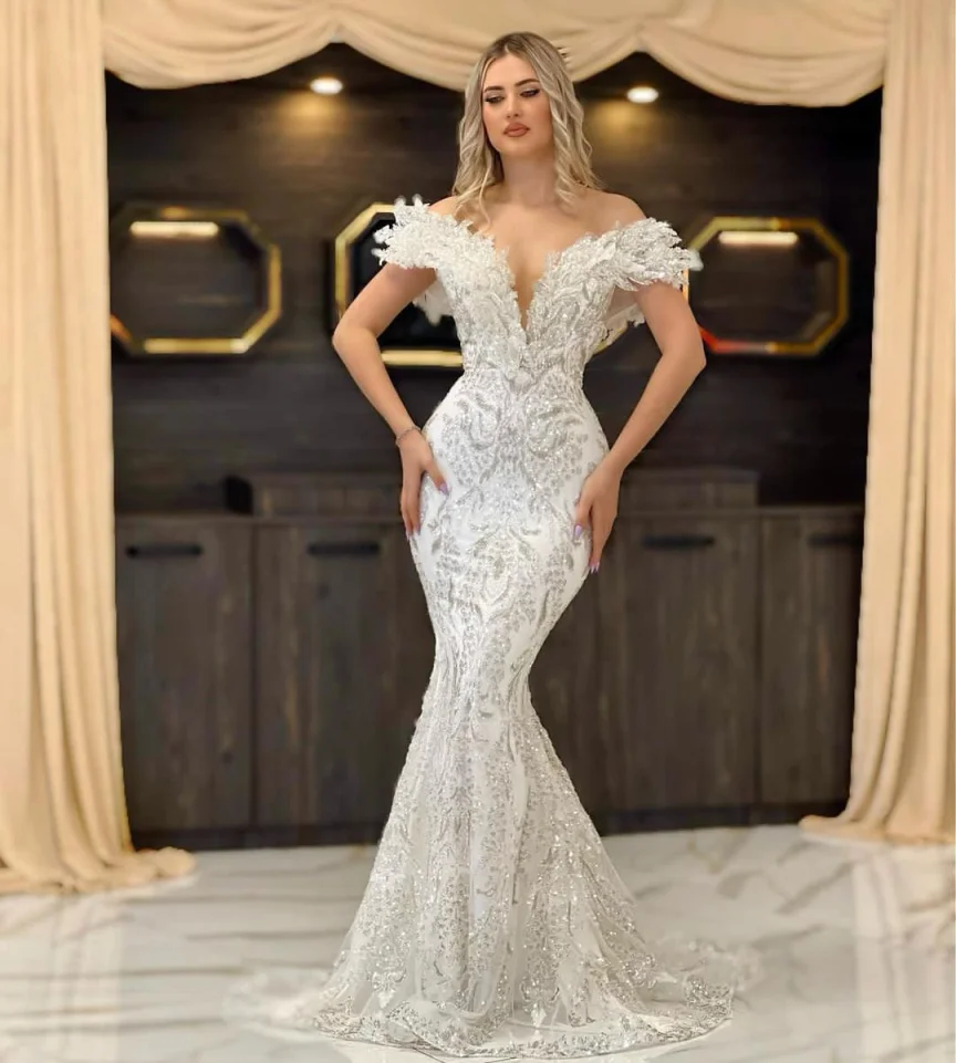 Vestido de novia con cuello en V brillante, vestido de novia de sirena de encaje con lentejuelas brillantes, vestidos de novia con hombros descubiertos personalizados