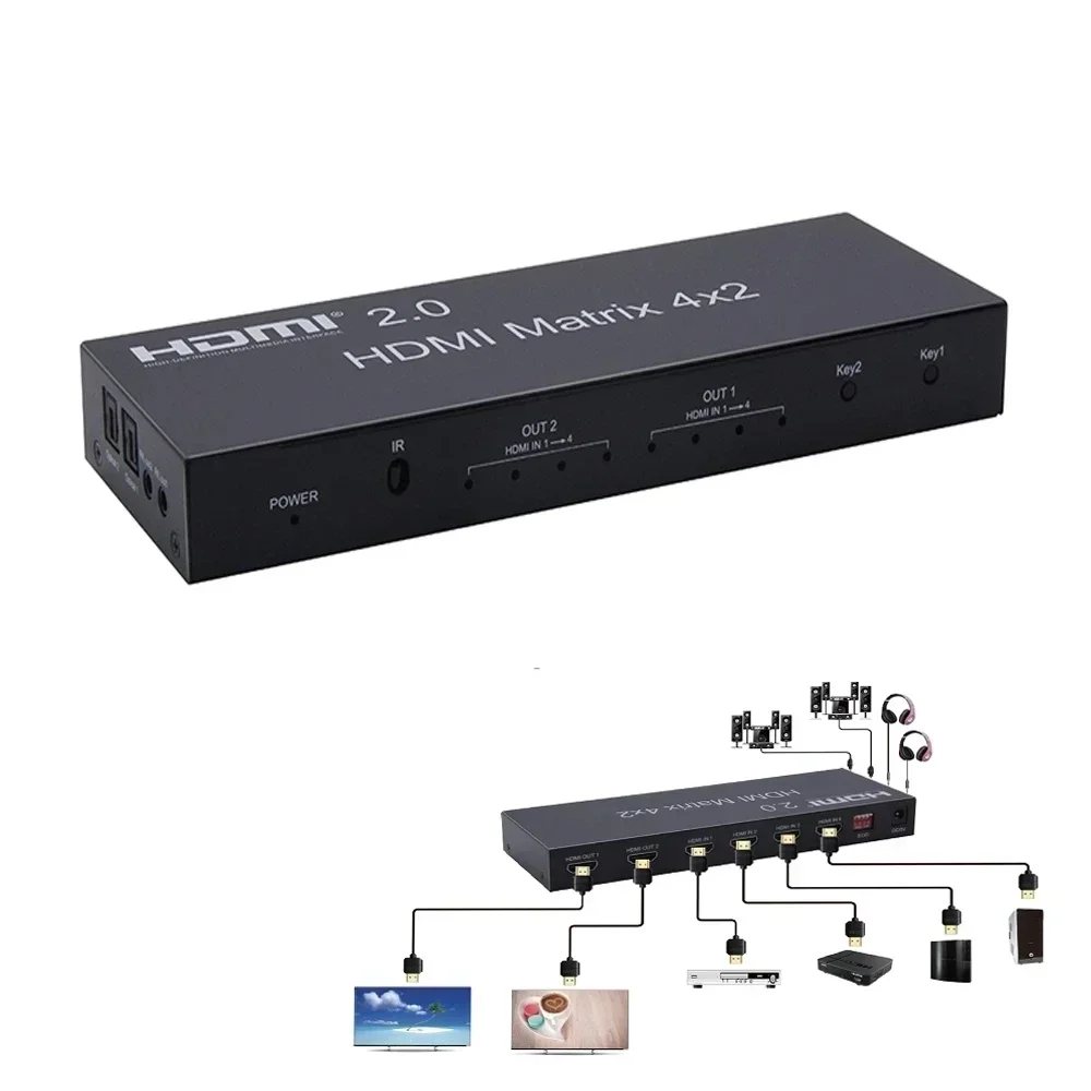 4K 60hz HDMI Matrix 4x2 with Audio HDMI2.0 6X2 Matrix Switch 4 in 2 Out Video Splitter for PS4 DVD Laptop PC To TV Dual Monitor