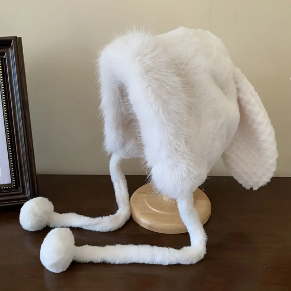 Cute Big Rabbit Ears Hat Thickened Wool Winter Bucket Hat Warm Soft Plush Ear Protection Hat Women