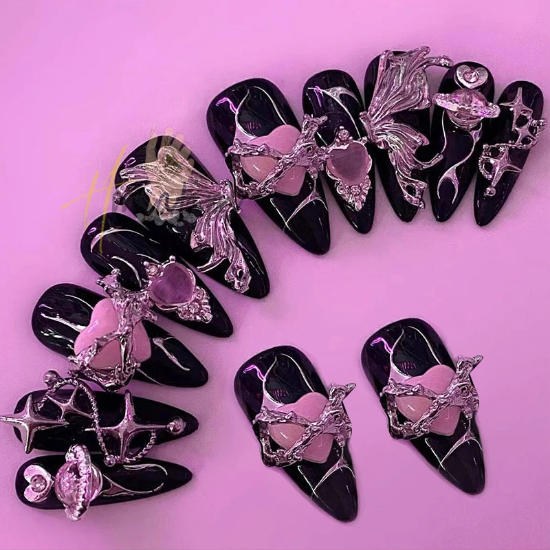 10Pcs Punk Style Pink Heart Nail Charms Black Heart Shape Manicure DIY Acrylic Nail Jewelry Manicure Decoration