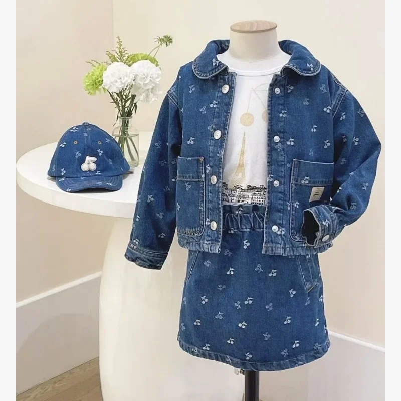 Girls' Denim Jacket - Fall 26 Cherry Jacquard Embroidered Korean-Style Children's Denim Jacket, 100% Cotton, Stylish Baby Jacket