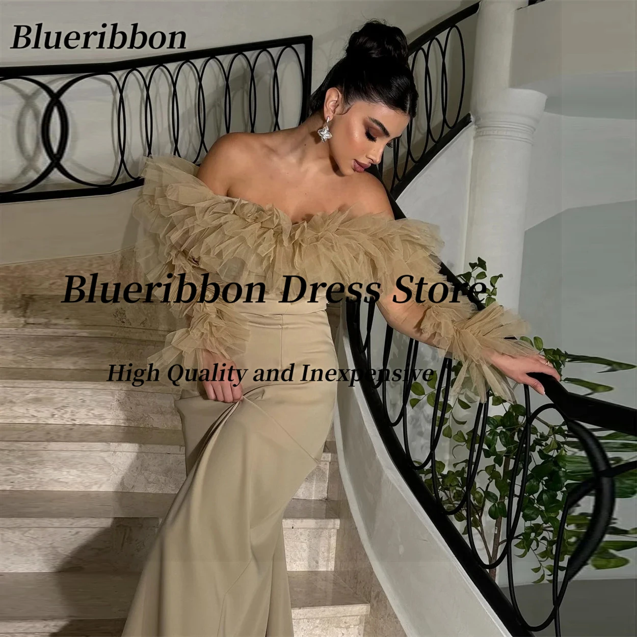 Blueribbon saudita vestidos de baile babados tule mangas compridas vestidos de noite com zíper voltar vestido de festa de aniversário personalizado