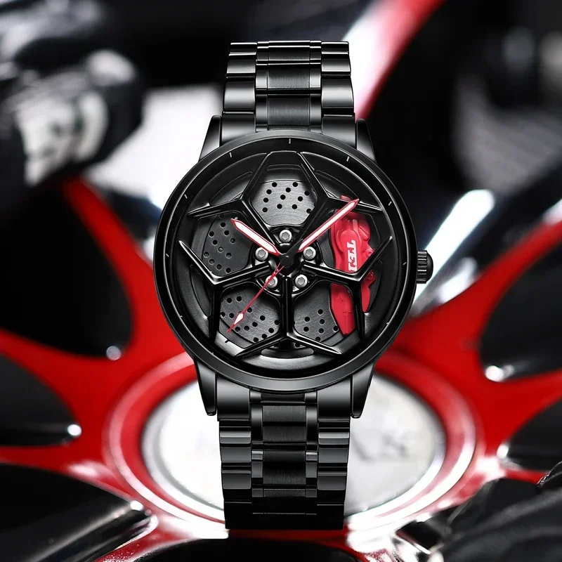 2025 Car Wheel Watch Stainless Steel Mens Wristwatch with Spinning Car Rim Hub Design Japanese Quartz Movement Water Resistant