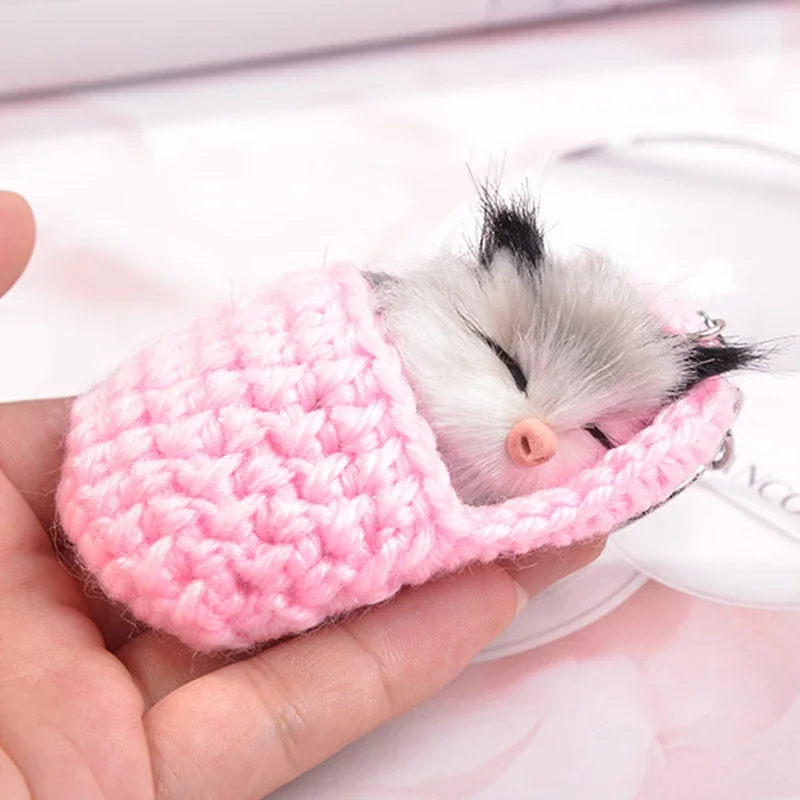 Cute Sleeping Cat Pompom Keychains Women Girls Handmade Woven Slipper Faux Fur Kitten Key Rings Fluffy Bag Car Pendants Gift