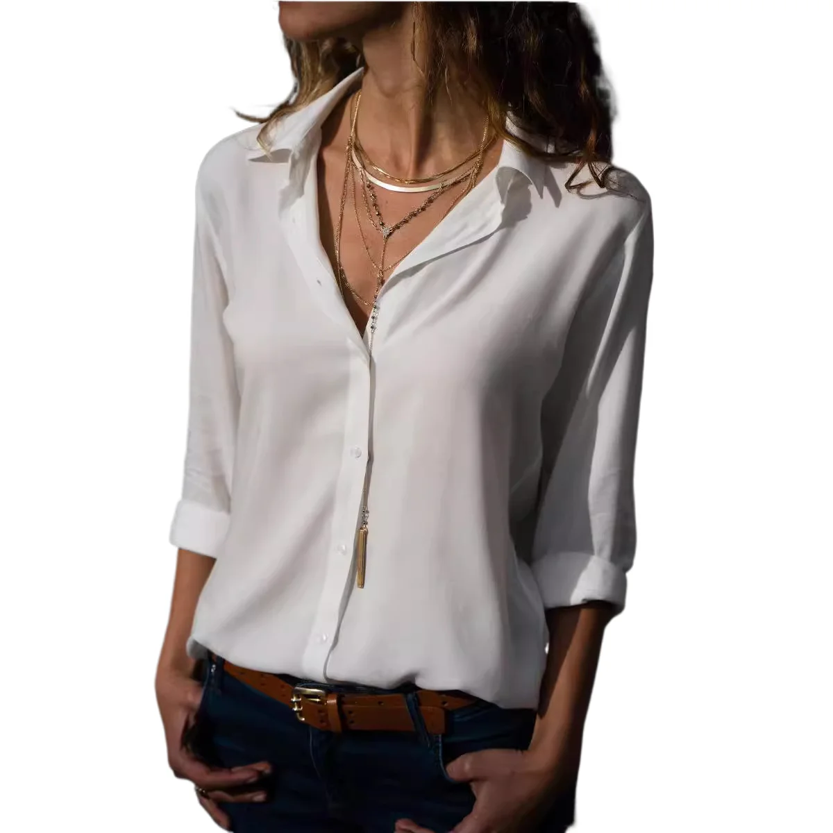 

Elegant Chiffon Shirt Summer New Style Office Loose Casual Women Turn Bottom Collar Long Sleeve Button-up Shirt Top Women